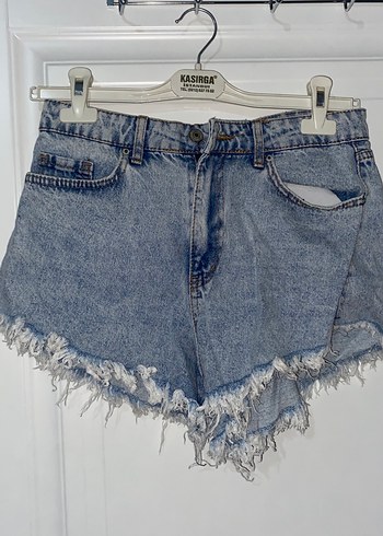 Bağcıklı Gri Kot Mini Şort - Görsel 3