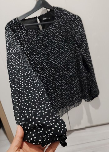 Kadın Siyah Puantiyeli Uzun Kollu Bluz - Görsel 3