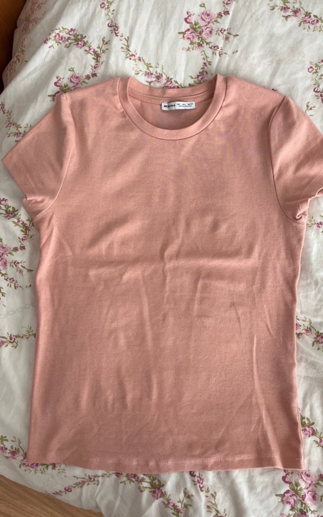 Bershka Pembe Bisiklet Yaka Basic T-shirt -Beden L - Görsel 2