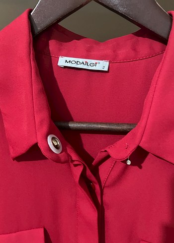 Düğmeli Kırmızı Midi Kadın Gömlek - Görsel 2