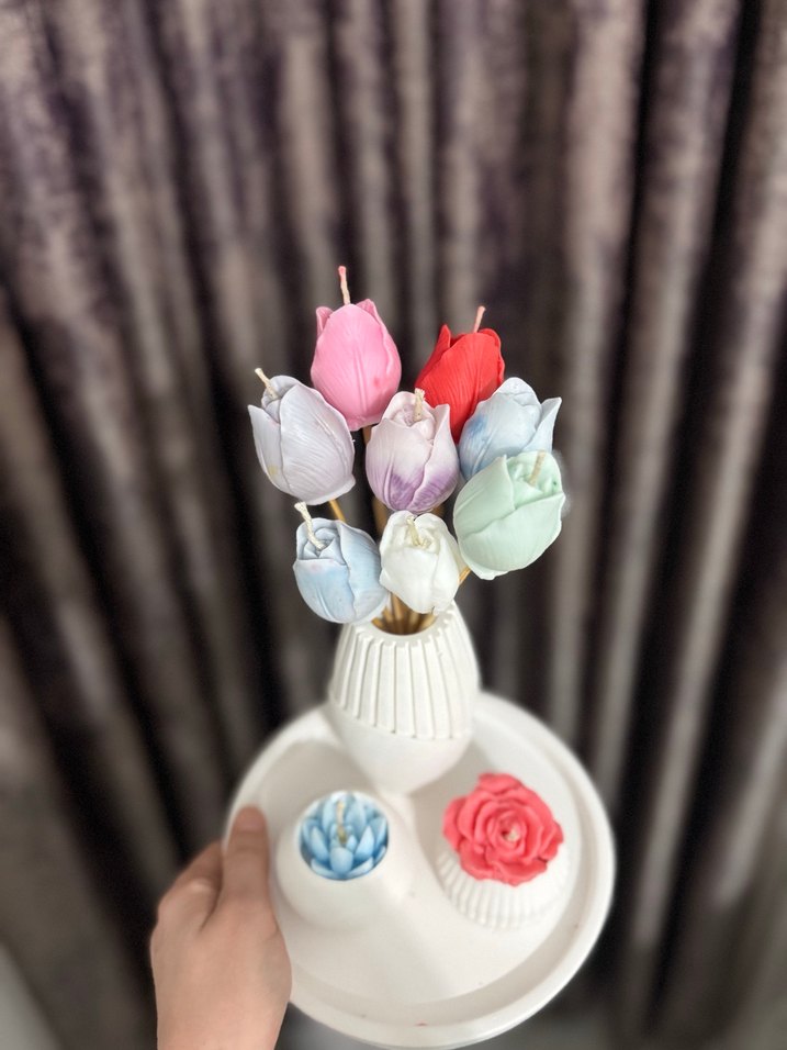 Pastel Renkli Çiçek Şeklinde Mum Seti - Görsel 3