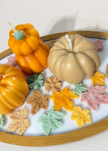 Turuncu Kabak ve Yaprak Temalı Mum Seti - Görsel 2