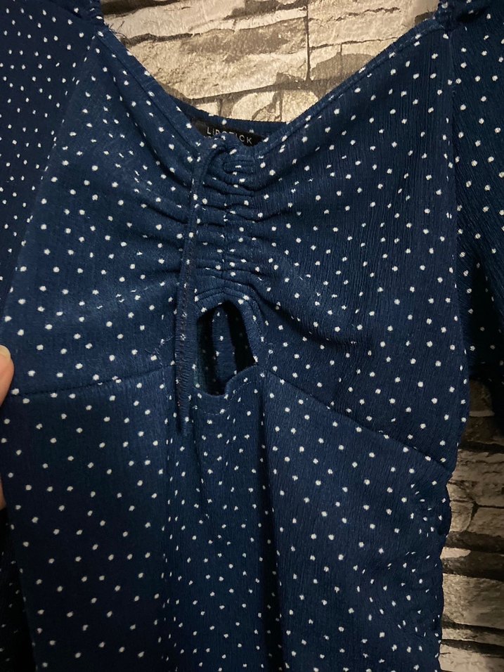 Uzun Kollu Mavi Puantiyeli Mini Elbise - Görsel 3