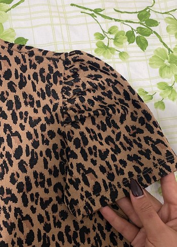 Kahverengi Leopar Desenli Kısa Kollu Bluz - Görsel 3