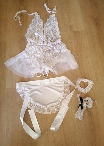 Dantel detaylı kısa beyaz mini gelinlik seti - Görsel 6