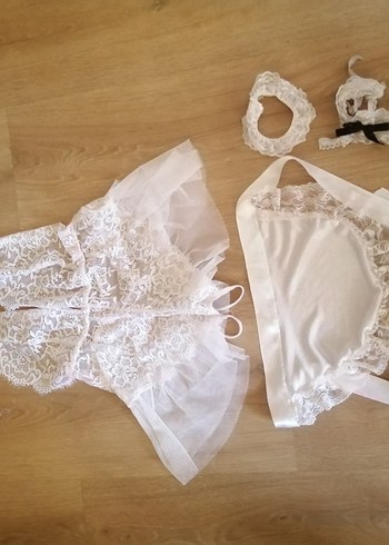 Dantel detaylı kısa beyaz mini gelinlik seti - Görsel 4