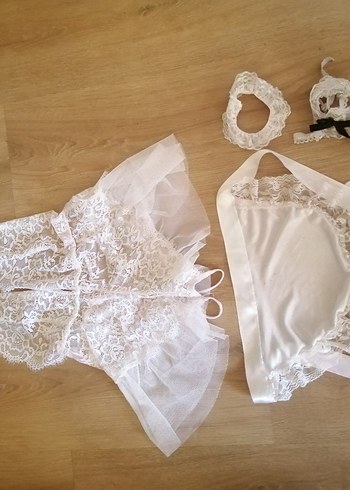 Dantel detaylı kısa beyaz mini gelinlik seti - Görsel 3