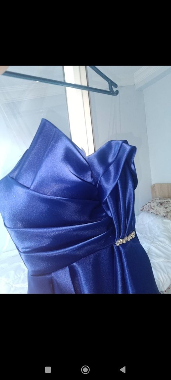 Mavi Drapeli Kadın Uzun Abiye Elbise - Görsel 3