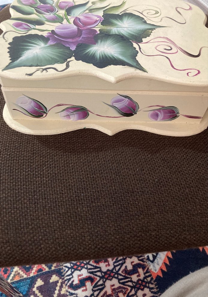 Mor Çiçekli  Ahşap-Antik Büyük Kutu  - Görsel 4