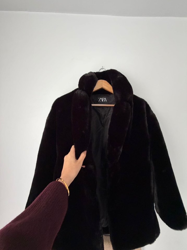 Siyah  Kadın Midi Suni Kürk Kaban - Görsel 2