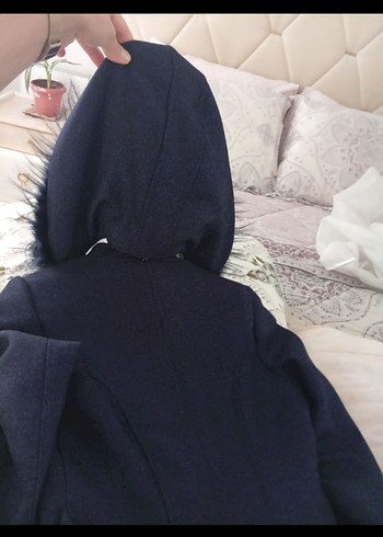 Lacivert Kadın Midi Kaban, Kürklü Detaylı - Görsel 5