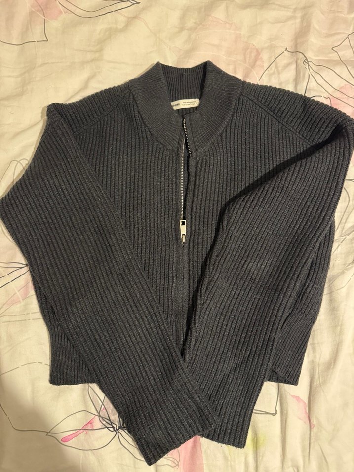 Gri Kadın Triko Fermuarlı Hırka - Görsel 2