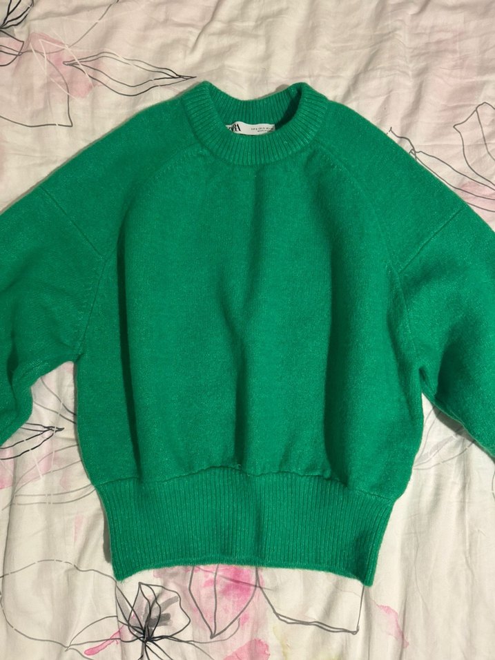 Kadın Yeşil Triko Bisiklet Yaka Kazak - Görsel 2