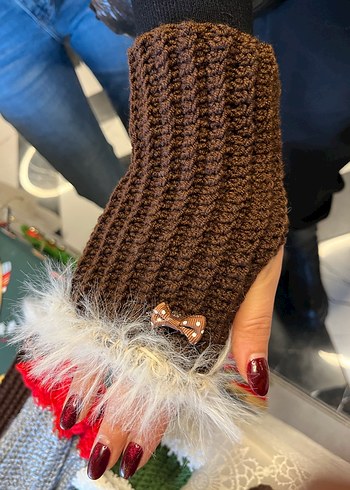 Kahverengi Kürk Detaylı Örgü Kadın Eldiveni - Görsel 2