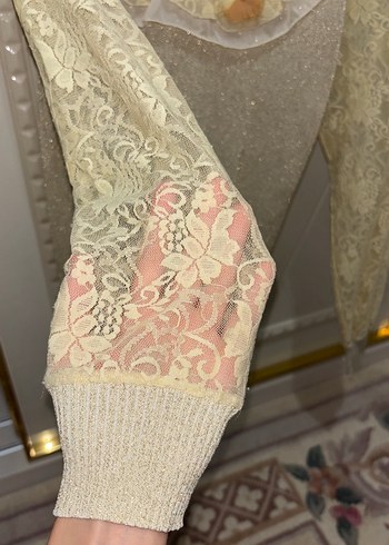 Bej Dantel Detaylı Nakışlı Bohem Kadın Kazak - Görsel 3