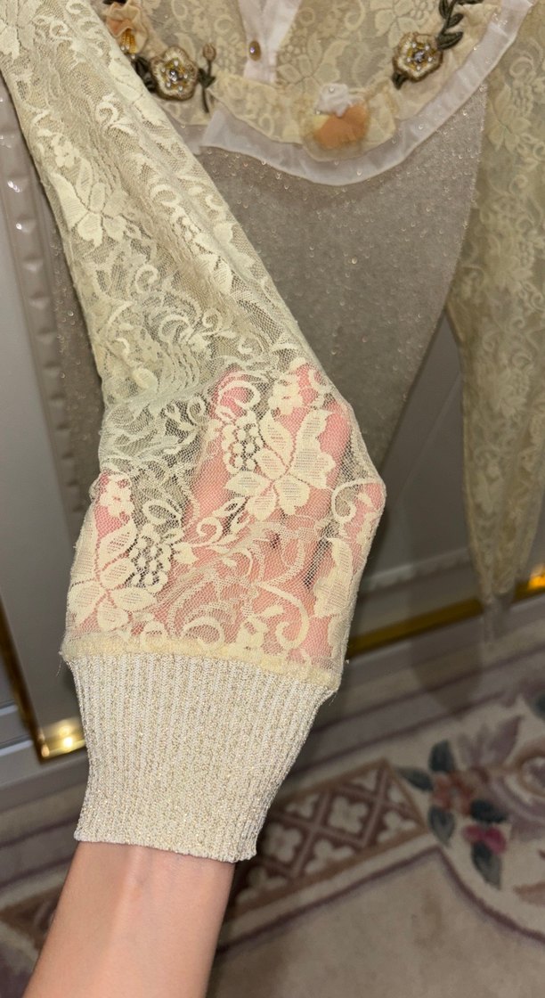 Bej Dantel Detaylı Nakışlı Bohem Kadın Kazak - Görsel 3