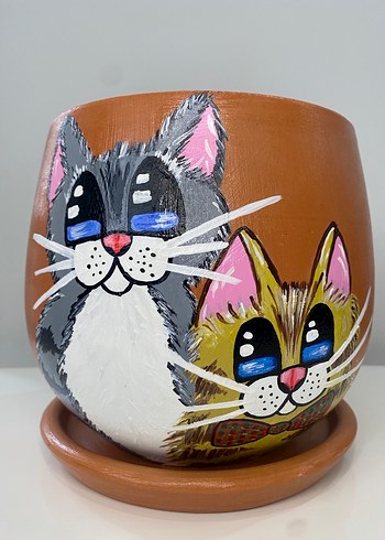 Kedi Desenli Kahverengi Saksı - Görsel 3