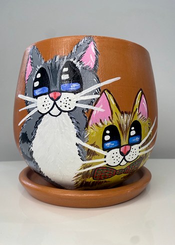 Kedi Desenli Kahverengi Saksı - Görsel 2