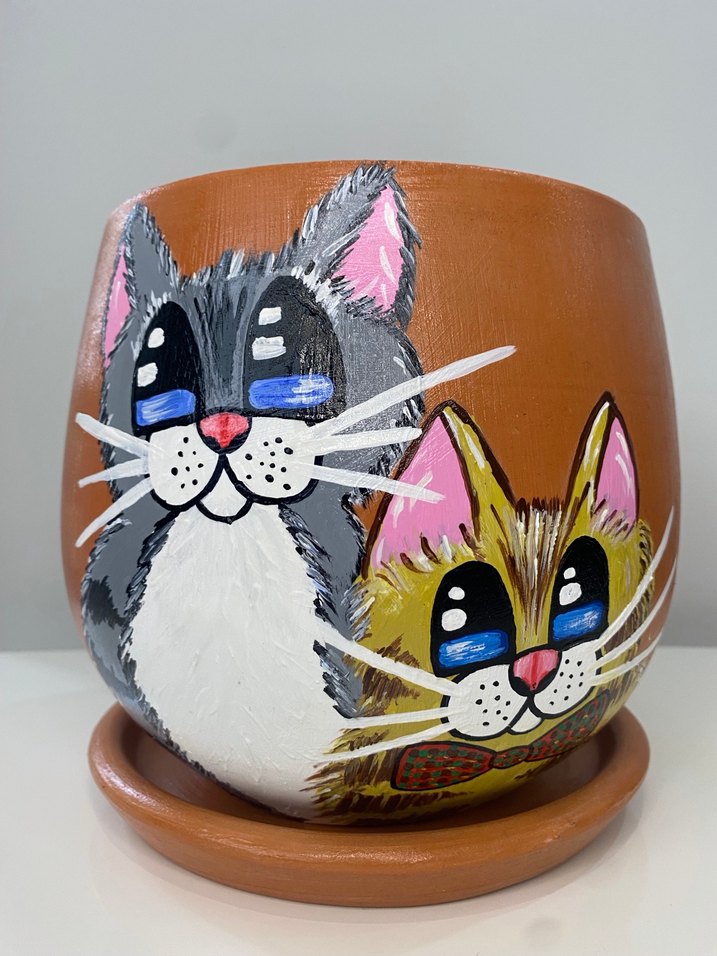 Kedi Desenli Kahverengi Saksı - Görsel 3