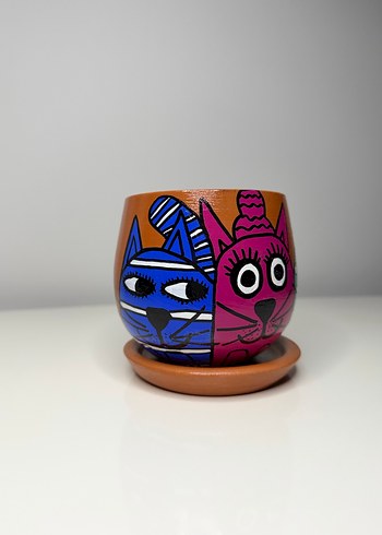 Renkli Kedi Desenli Saksı - Görsel 2