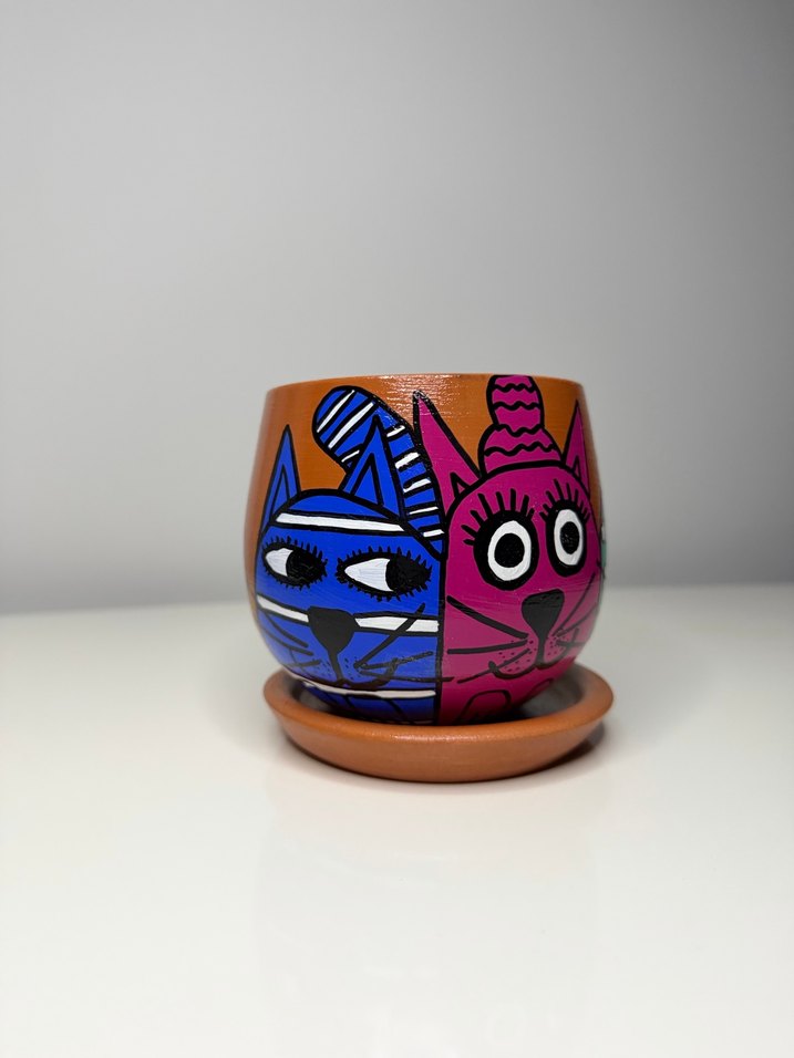 Renkli Kedi Desenli Saksı - Görsel 2