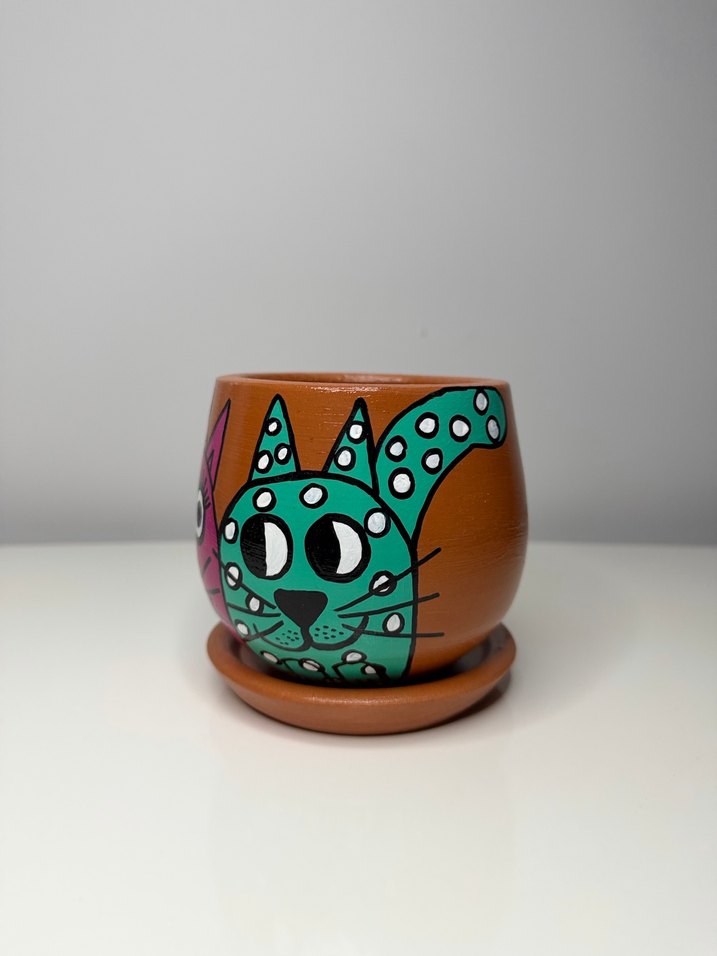 Renkli Kedi Desenli Saksı - Görsel 3