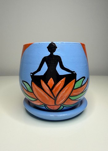 Mavi Lotus ve Meditasyon Desenli Saksı - Görsel 2