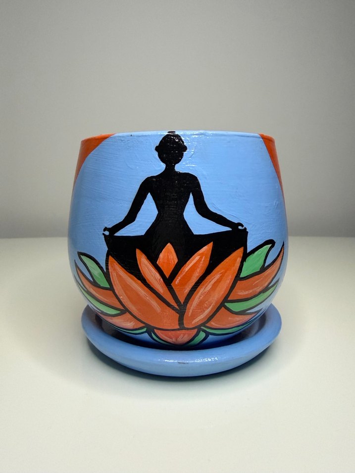 Mavi Lotus ve Meditasyon Desenli Saksı - Görsel 2