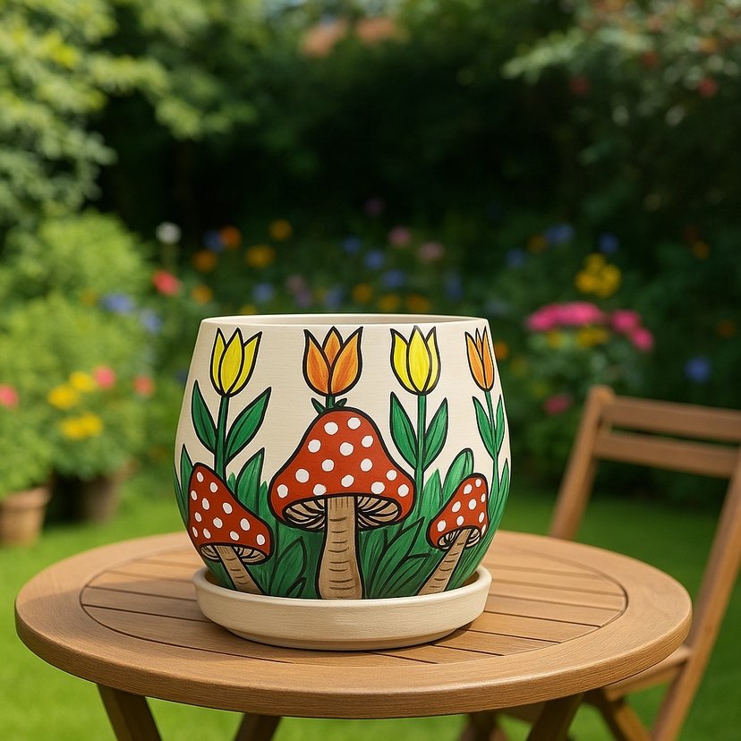 Çiçek ve Mantar  Desenli Saksı - Görsel 2