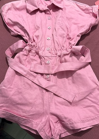 Pembe Keten Mini Tulum Düğmeli - Görsel 2