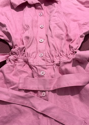 Pembe Keten Mini Tulum Düğmeli - Görsel 4