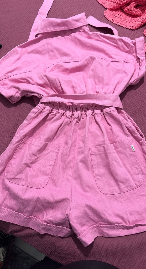 Pembe Keten Mini Tulum Düğmeli - Görsel 5