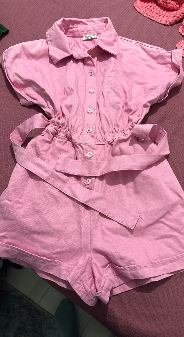 Pembe Keten Mini Tulum Düğmeli - Görsel 2