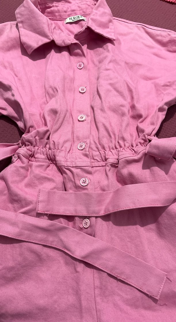 Pembe Keten Mini Tulum Düğmeli - Görsel 4