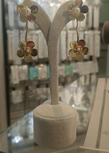 paslanmaz çelik Altın Renkli Çiçekli incili  Küpe - Görsel 3