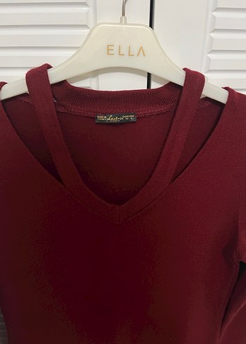 Bordo V Yaka Uzun Kollu Triko Elbise - Görsel 3