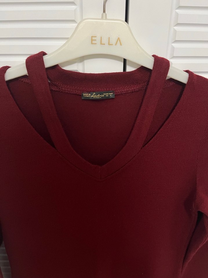 Bordo V Yaka Uzun Kollu Triko Elbise - Görsel 3