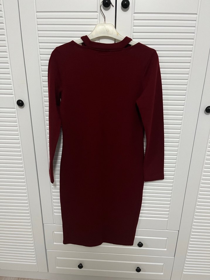 Bordo V Yaka Uzun Kollu Triko Elbise - Görsel 2