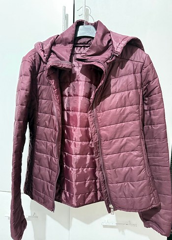 Bordo Kapüşonlu Fermuarlı Kadın Ceket - Görsel 3