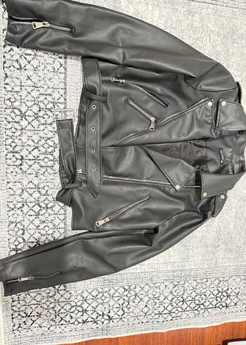 Kadın Siyah Deri Biker Ceket - Görsel 3