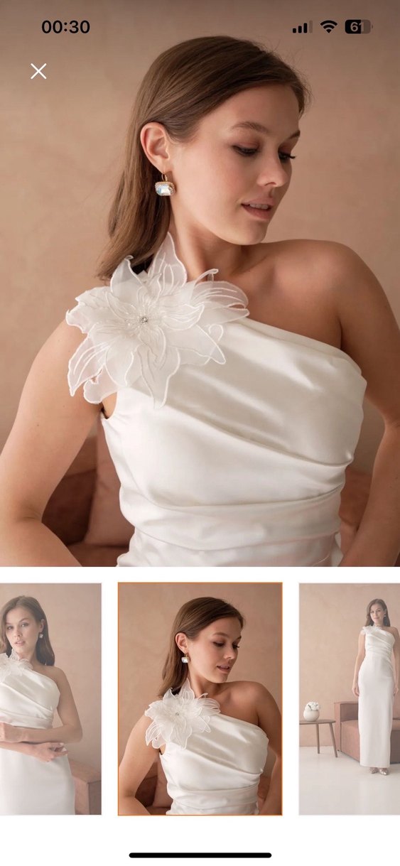 Tek Omuzlu Beyaz saten elbise - Görsel 3