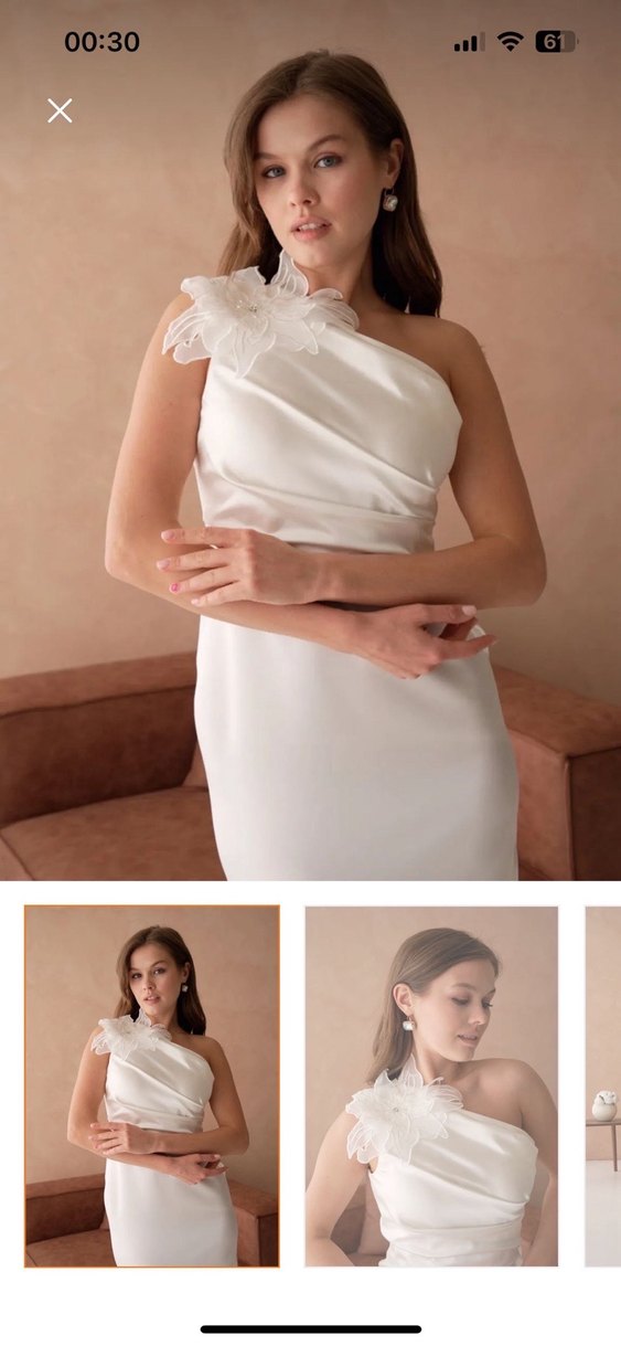 Tek Omuzlu Beyaz saten elbise - Görsel 2