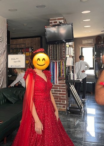 Kırmızı V Yaka Uzun Henna Elbise - Görsel 3