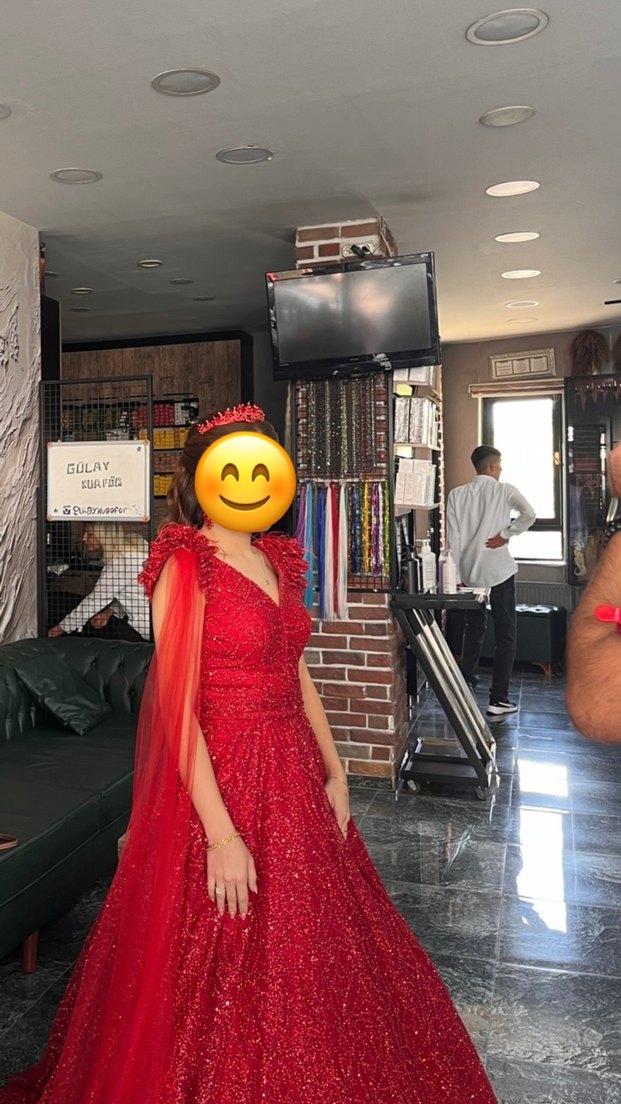 Kırmızı V Yaka Uzun Henna Elbise - Görsel 3