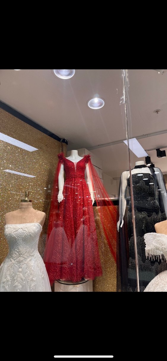 Kırmızı V Yaka Uzun Henna Elbise - Görsel 2