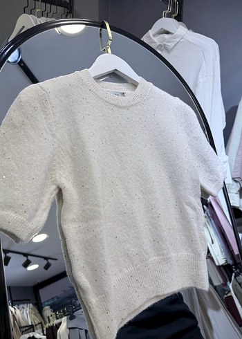 Bej Kısa Kollu Örme Kadın Kazak Pul Detaylı - Görsel 3