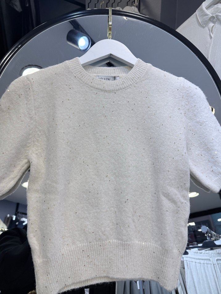 Bej Kısa Kollu Örme Kadın Kazak Pul Detaylı - Görsel 2