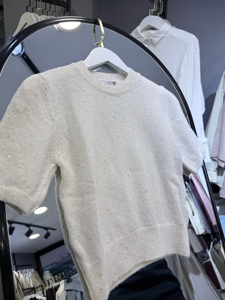 Bej Kısa Kollu Örme Kadın Kazak Pul Detaylı - Görsel 3