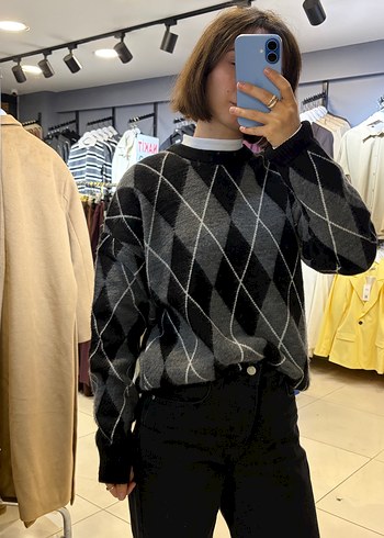 Kadın Gri Ekoseli Salaş Triko Kazak - Görsel 3