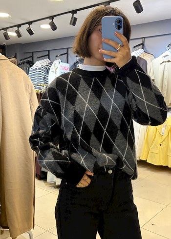 Kadın Gri Ekoseli Salaş Triko Kazak - Görsel 2